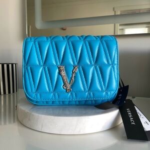 Versace Virtus Lambskin Leather Quilted Bag with Silver Chain